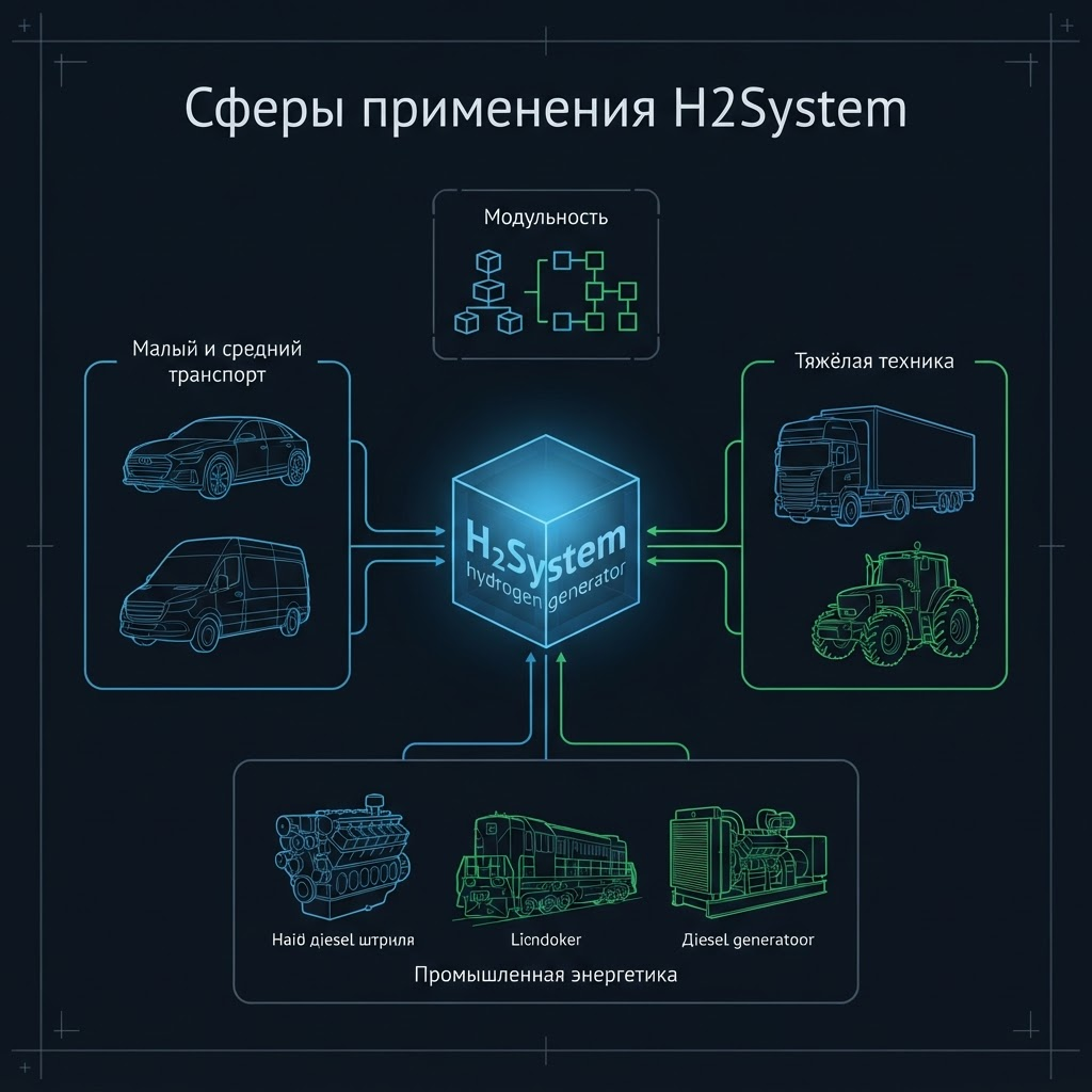 Тёмная схема применения H2System для малого транспорта, тяжёлой техники и промышленной энергетики